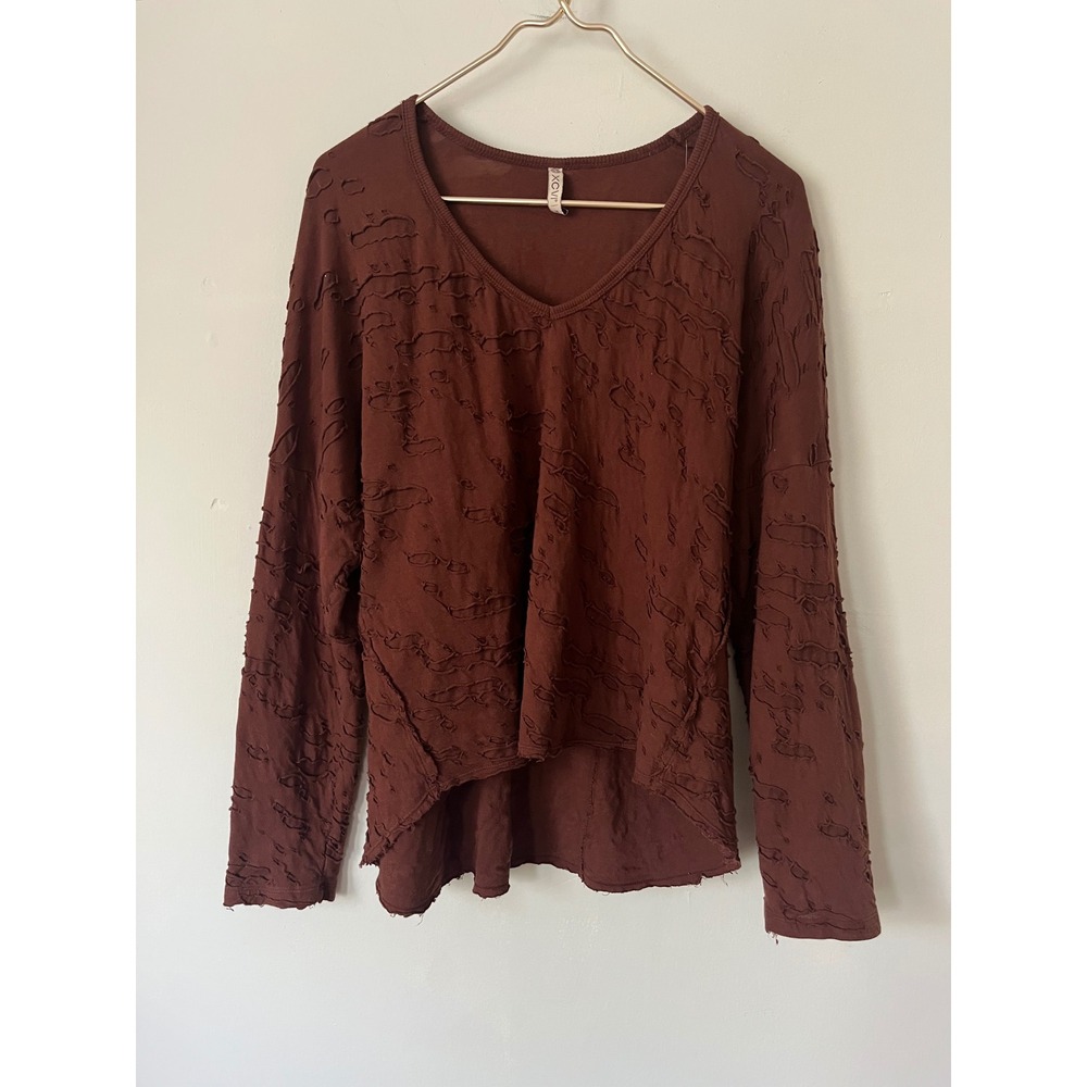 XCVI Womens Brown Textured cotton Distressed Long Sleeve Top grunge modern M